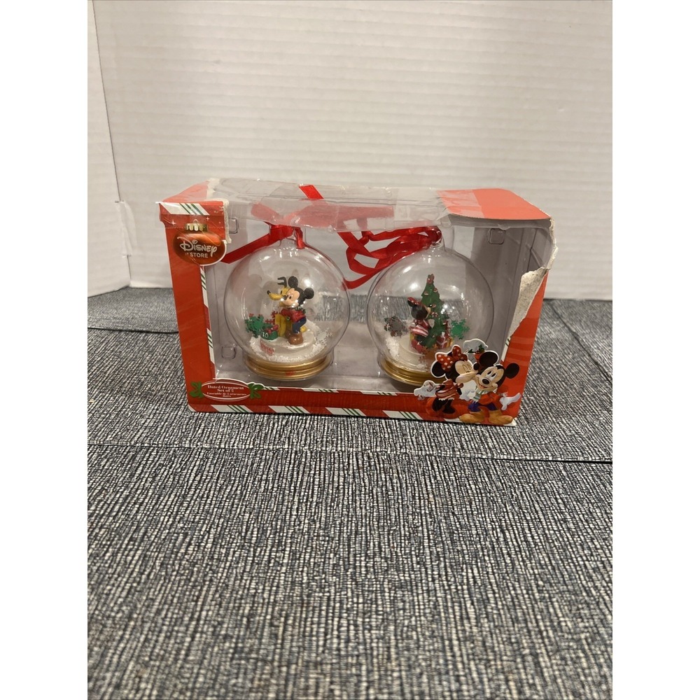 Disney Store Exclusive MICKEY PLUTO MINNIE Snow Globe Set of 2 Ornaments Glass
